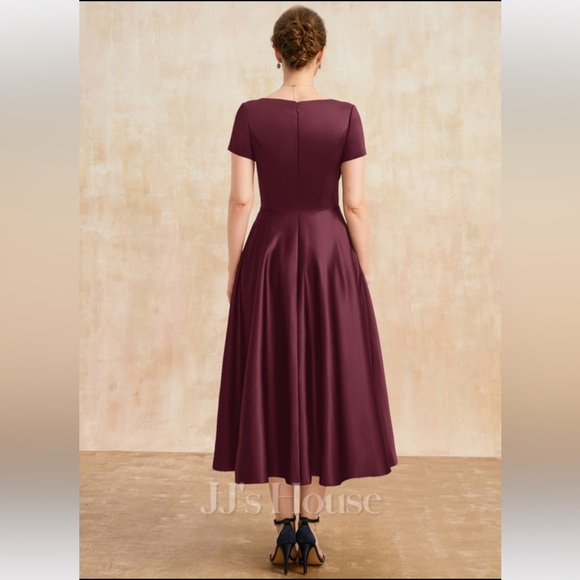 A-line V-Neck Tea-Length Satin Mother of the Bride Dress With Cascading Ruffles - Picture 7 of 7